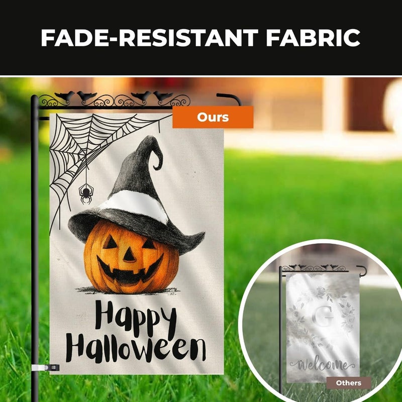 KarvePro Happy Halloween Garden Flag 12x18 Double Sided – Burlap Yard Flag with Pumpkin Wearing Hat and Spider Web for Outdoor Fall Halloween Decor - Image 5